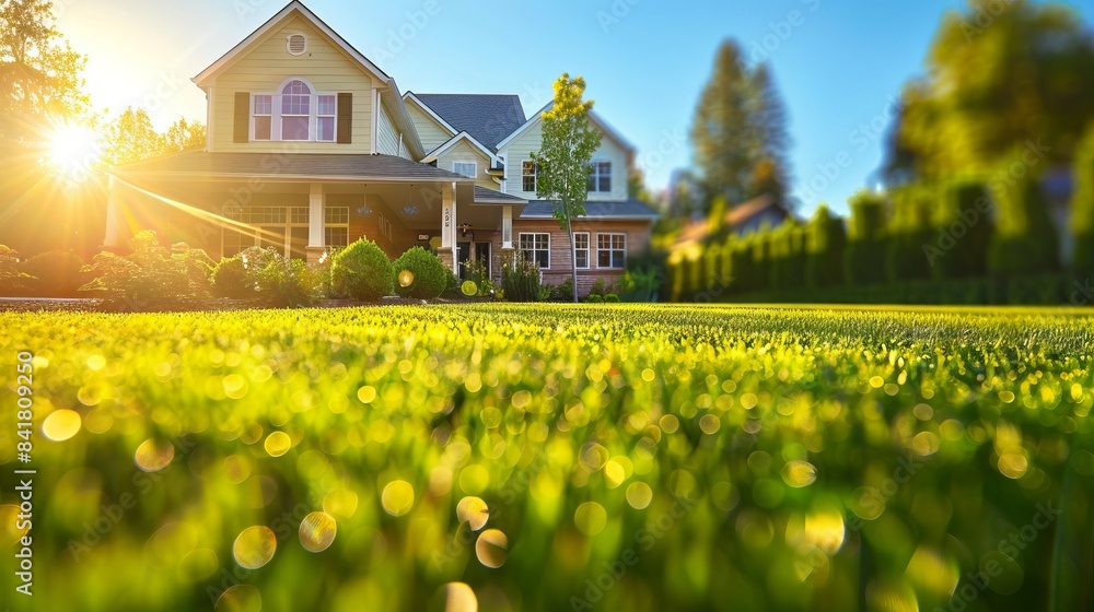 Obraz premium Beautiful Suburban Home with Bright Front Lawn in Sunshine