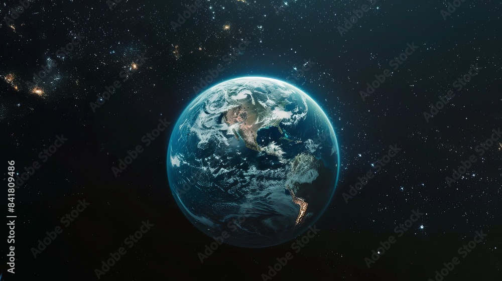 Stunning Image of Earth in Outer Space, Showing Planet's Vibrant Blue Oceans and Continent Details, Surrounded by the Vast Universe and Distant Stars Stunning Image of Earth in Outer Space, Showing Planet's Vibrant Blue Oceans and Continent Details, Surrounded by the Vast Universe and Distant Stars