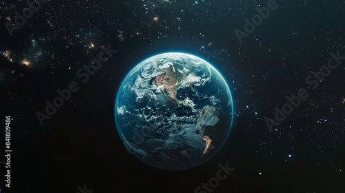 Stunning Image of Earth in Outer Space, Showing Planet's Vibrant Blue Oceans and Continent Details, Surrounded by the Vast Universe and Distant Stars
