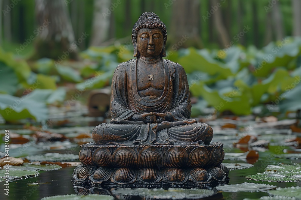 Buddha statue situated within a forest setting, depicted in the lotus position. Buddha statue situated within a forest setting, depicted in the lotus position.