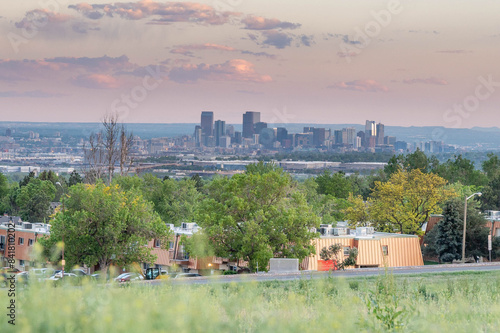 The Sunset  time in Denver , Colorado , USA  Downtown City glowing Nightscape Skyline of the Mile High City