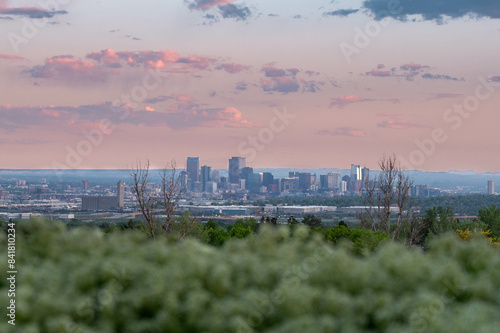 The Sunset  time in Denver , Colorado , USA  Downtown City glowing Nightscape Skyline of the Mile High City.