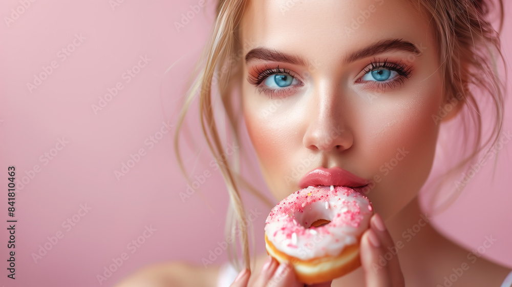 Close-up headshot, portrait half body of a beautiful woman, zoom on the mouth area, She holding donut, open mount and biting, soft pastel pink background Close-up headshot, portrait half body of a beautiful woman, zoom on the mouth area, She holding donut, open mount and biting, soft pastel pink background