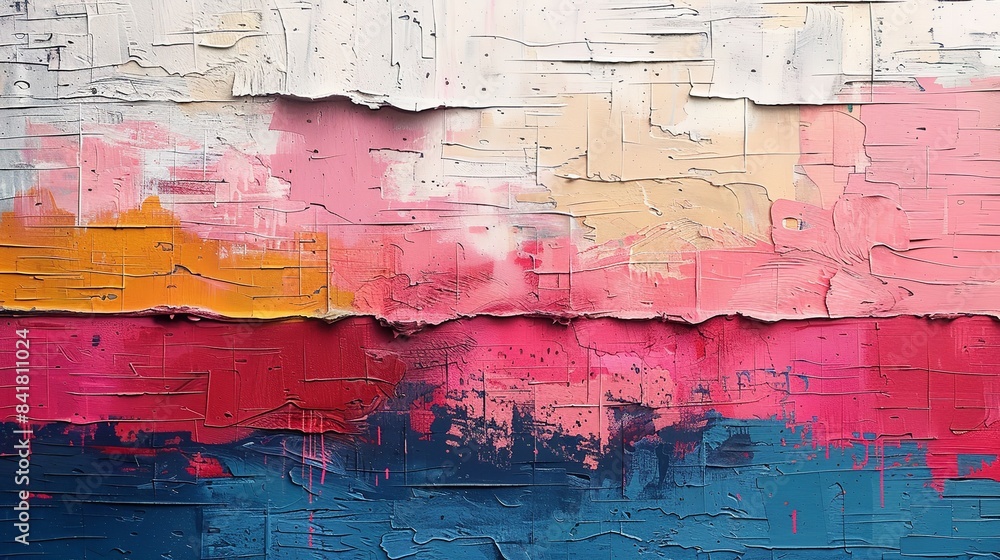 Background adorned with abstract street art graffiti paintings in shades of pink, blue, and white.