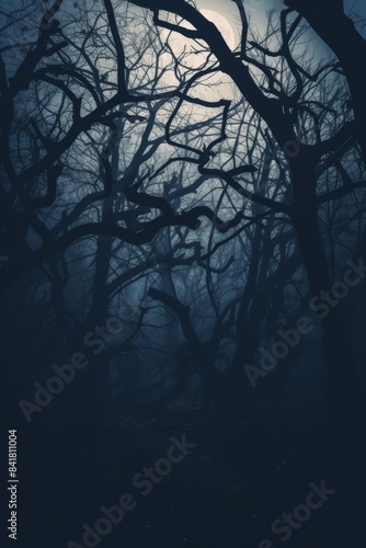 Spooky foggy haunted forest with full moon