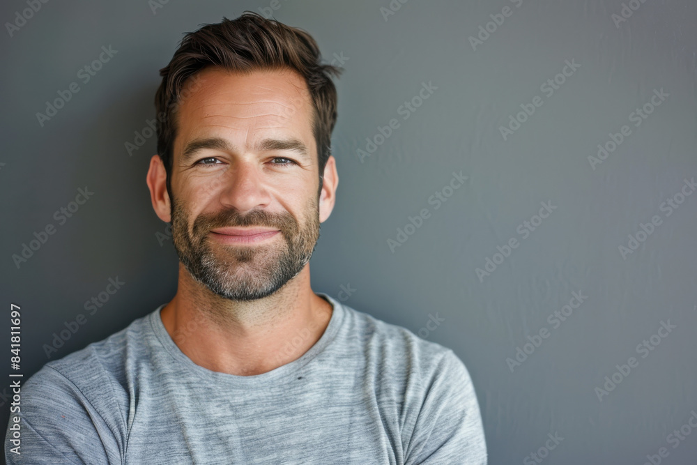 A close up portrait of a young man with a subtle smile A close up portrait of a young man with a subtle smile