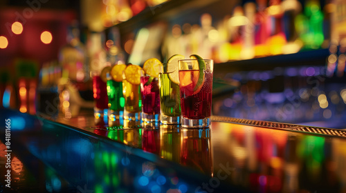set of small colorful shooters cocktails on bar counter in nightclub, alcohol drink shots in a row, nightlife and party concept