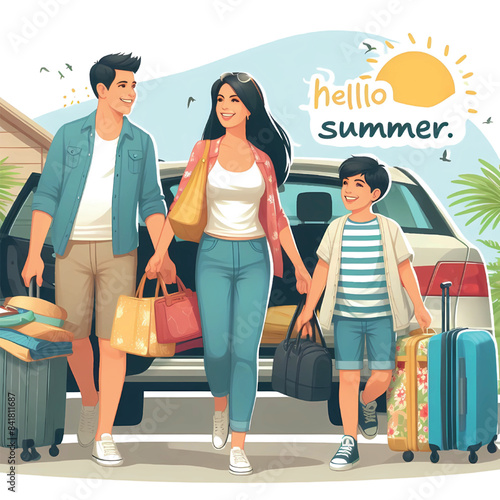 A happy family carrying their belongings in the car and getting ready to go out and spend the summer vacation at the seaside, with a phrase saying hello summer.