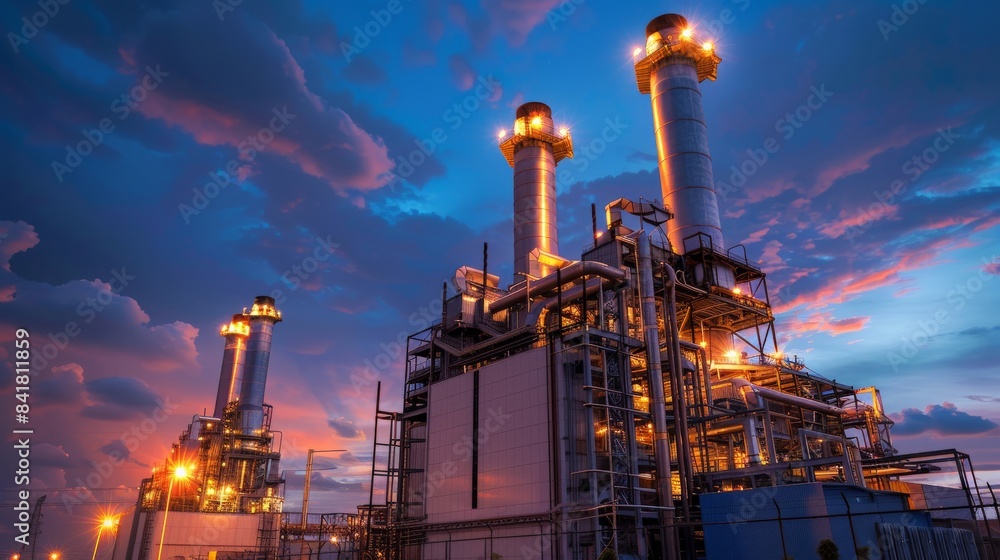 Energy concept image showing a gas turbine power plant operating at full capacity as night falls, highlighting industrial power and efficiency. Energy concept image showing a gas turbine power plant operating at full capacity as night falls, highlighting industrial power and efficiency.