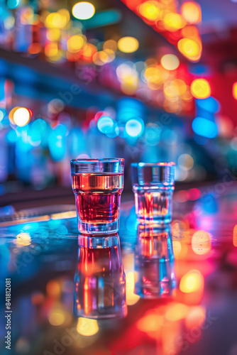 set of small colorful shooters cocktails on bar counter in nightclub, alcohol drink shots in a row, nightlife and party concept