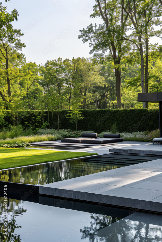 Outdoor pool area with modern furniture, surrounded by garden with plants and trees Outdoor pool area with modern furniture, surrounded by garden with plants and trees