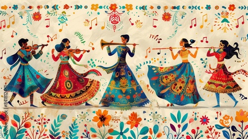 A banner depicting Indian dancers performing traditional music and dances