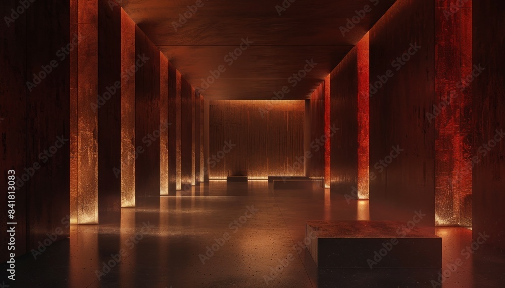 Naklejka premium Mysterious hallway with red lights and bench in the middle urban exploration and adventure concept