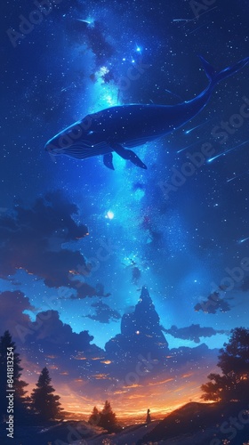 Blue whale swimming in a starry sky over a mountain and a woman watching the sunset