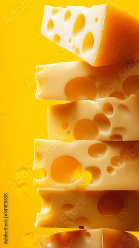 Stack of swiss cheese slices balancing on yellow background