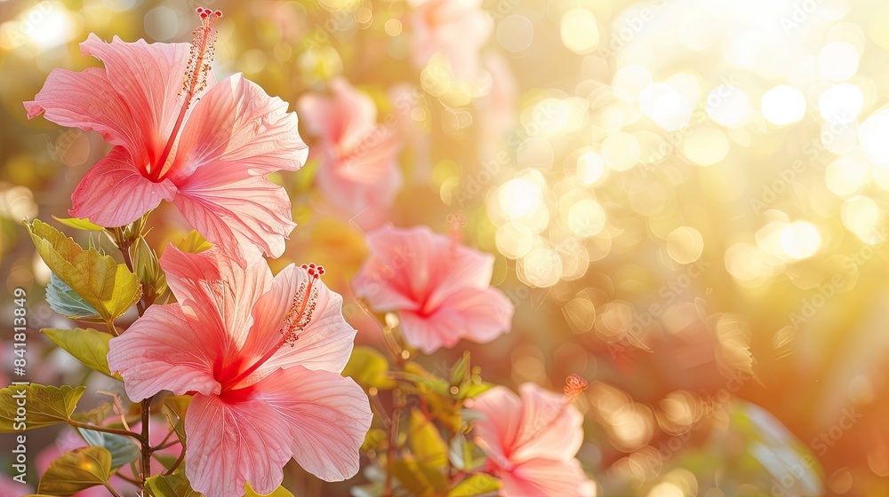Tropical hibiscus flowers under golden sunlight Tropical hibiscus flowers under golden sunlight
