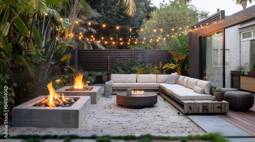 A minimalist-style outdoor lounge area with modular furniture, minimalist fire pit, and string lights, perfect for alfresco entertaining. photo
