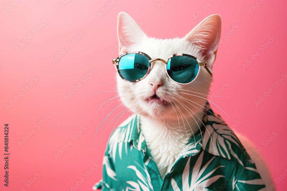 Cute white cat in sunglasses on a pink color studio background, closeup ...