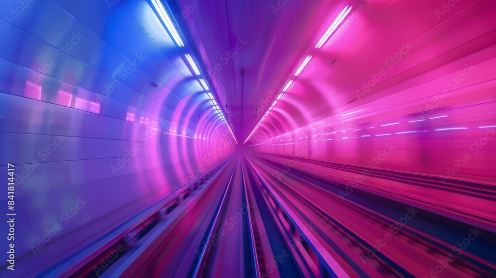 Embark on a vibrant highspeed journey through a futuristic tunnel, illuminated by neon lights and dynamic motion blur effects. Ideal for themes such as technology, scifi, and innovation
