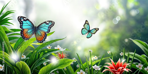 Vibrant Butterflies Fluttering Amongst Lush Tropical Plants and Flowers Under Sunlight