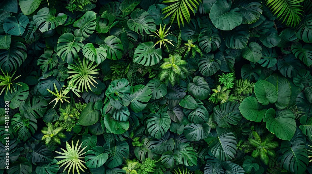 An expansive canopy of tropical leaves, creating a dense green texture as a nature background