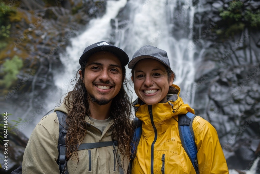 Portrait of a smiling latino couple in their 20s wearing a lightweight packable anorak over backdrop of a spectacular waterfall Portrait of a smiling latino couple in their 20s wearing a lightweight packable anorak over backdrop of a spectacular waterfall