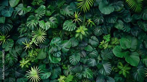 An expansive canopy of tropical leaves, creating a dense green texture as a nature background