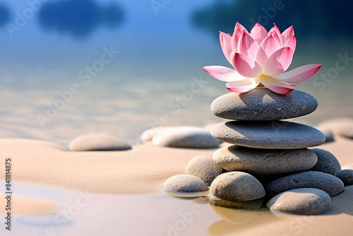 Small zen stacking stones piled in balanced in water with pink lotus flower