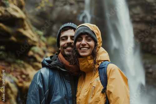 Portrait of a smiling latino couple in their 20s wearing a lightweight packable anorak in front of backdrop of a spectacular waterfall