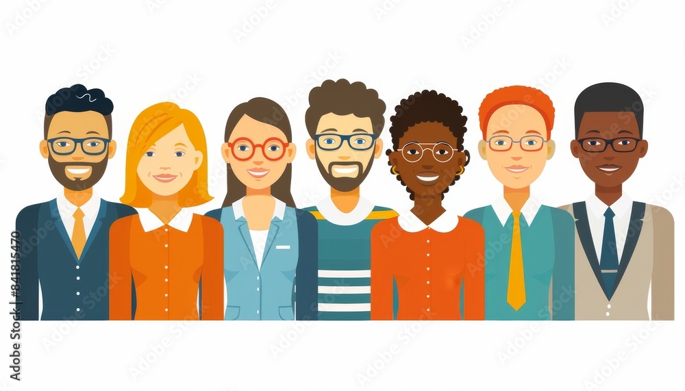 Colorful cartoon illustration of business professionals in a diverse group, representing inclusion and teamwork Colorful cartoon illustration of business professionals in a diverse group, representing inclusion and teamwork
