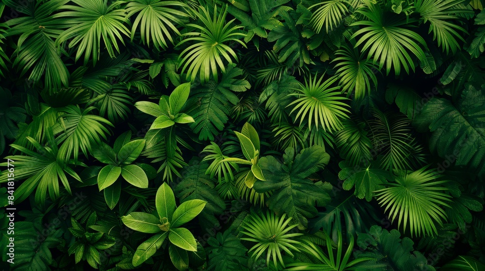 An expansive canopy of tropical leaves, creating a dense green texture as a nature background An expansive canopy of tropical leaves, creating a dense green texture as a nature background