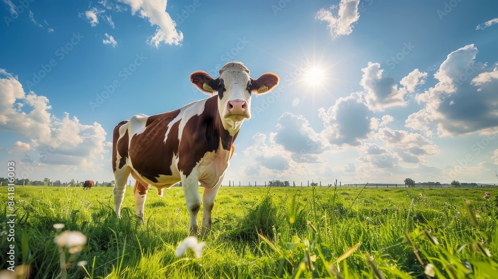 Cow grazing in an English field against a beautiful blue sky, Cow Appreciation Day Cow grazing in an English field against a beautiful blue sky, Cow Appreciation Day