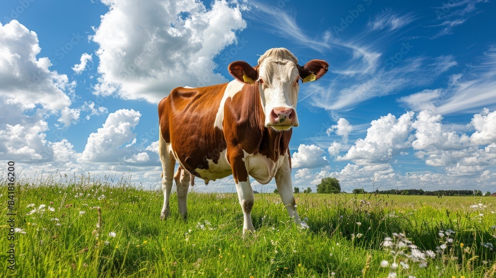 Cow grazing in an English field against a beautiful blue sky, Cow Appreciation Day Cow grazing in an English field against a beautiful blue sky, Cow Appreciation Day