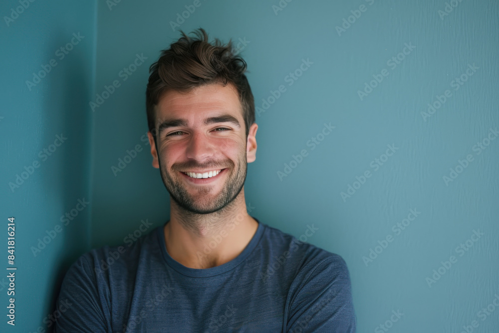 A close up portrait of a young man with a subtle smile A close up portrait of a young man with a subtle smile
