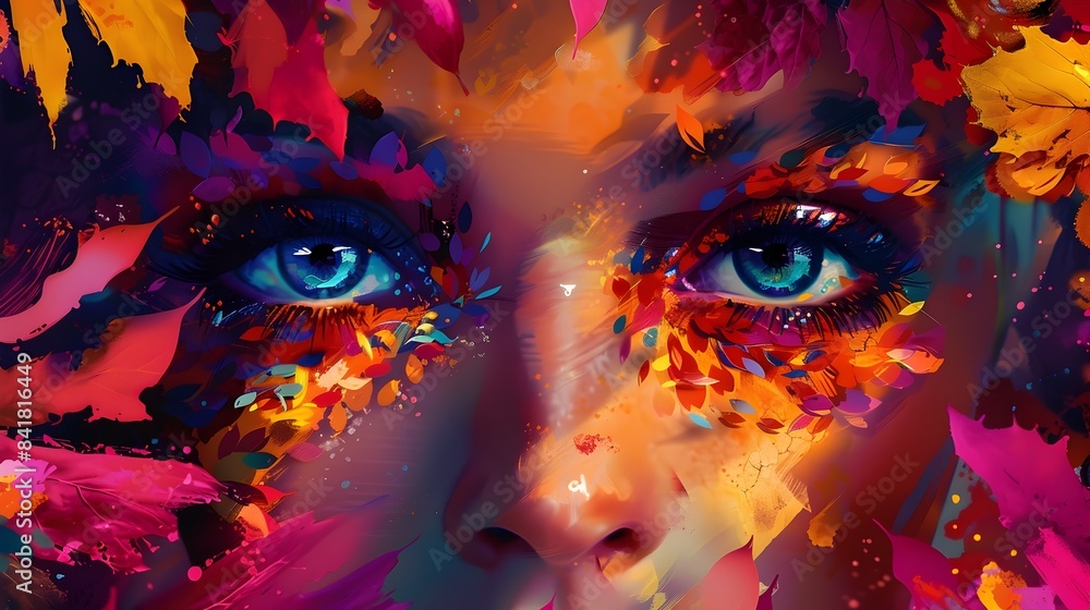 Fototapeta premium Vibrant Surreal Face with Enchanting Floral and Butterfly Elements