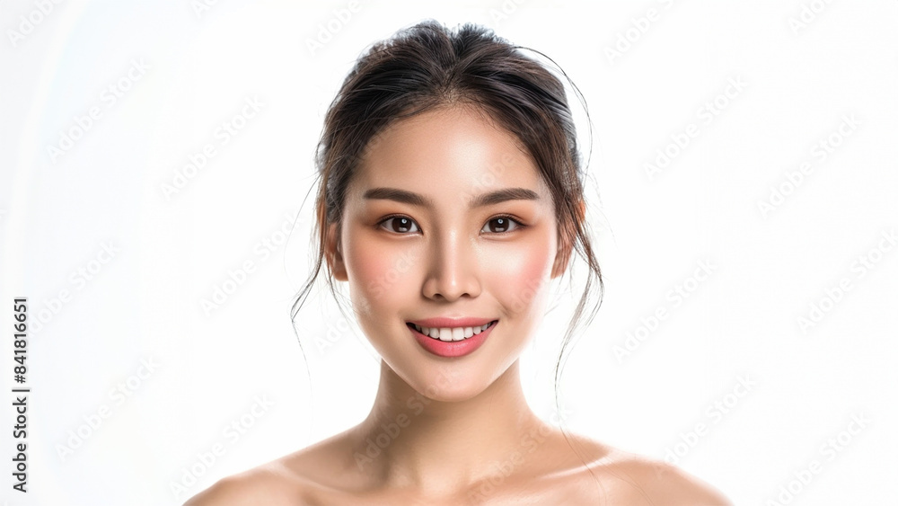 Portrait of a woman smile beauty face and perfect skin on white background. Portrait of a woman smile beauty face and perfect skin on white background.