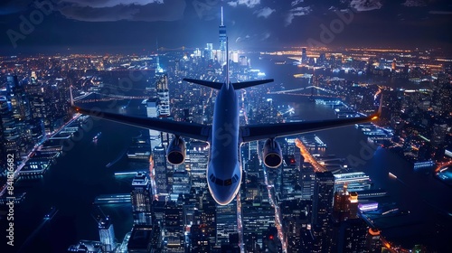 nocturnal voyager passenger plane soars above illuminated metropolis capturing the essence of night travel photo