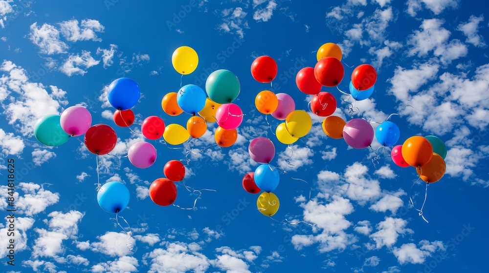 Bright multi-colored balloons flying in the blue sky with clouds.
Concept: school graduation, holiday events, celebration, birthday