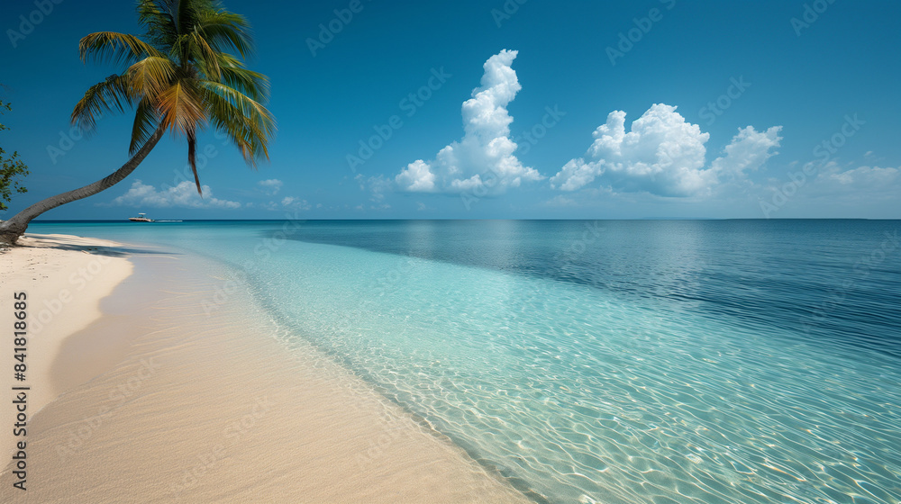 Fototapeta premium beach with a solitary palm tree on the left. The sandy shore stretches into the clear turquoise waters of the ocean, which appear calm and inviting