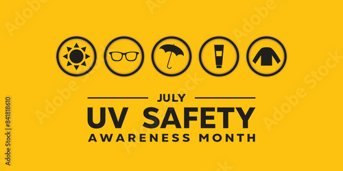 Uv Safety Awareness Month. Sun, glasses, umbrella and more. Great for cards, banners, posters, social media and more. Yellow background. 