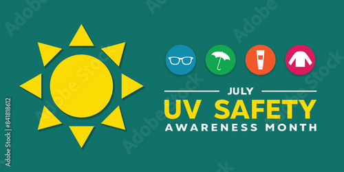Uv Safety Awareness Month. Sun, glasses, umbrella, sunscreen and long sleeves. Great for cards, banners, posters, social media and more. Green background. 
