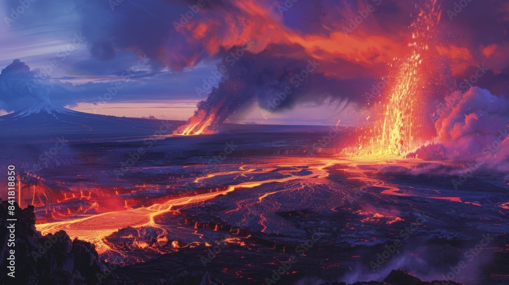 A panoramic view of a volcanic eruption, capturing the vast expanse of the lava flow and ash plume.