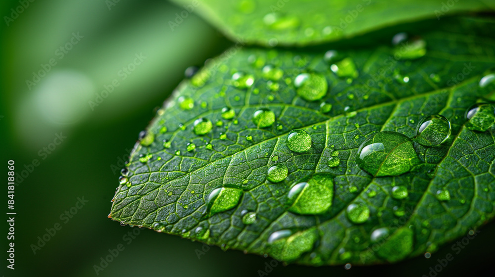 view of a green leaf with multiple water droplets on it. The droplets vary in size, with the largest being prominently displayed in the foreground. The droplets reflect light, giving them a shiny look view of a green leaf with multiple water droplets on it. The droplets vary in size, with the largest being prominently displayed in the foreground. The droplets reflect light, giving them a shiny look