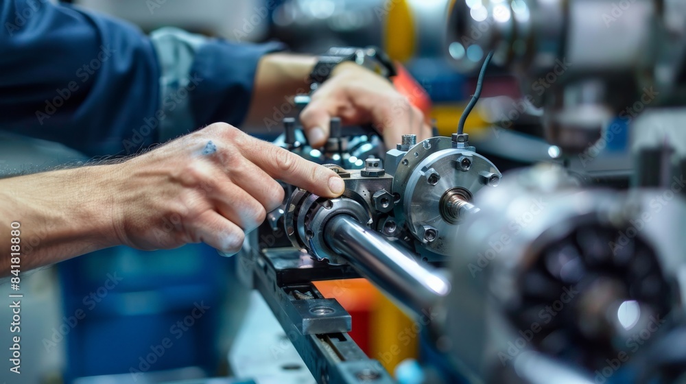 Close-up of a mechanical engineer's hands adjusting a complex component of a machine Close-up of a mechanical engineer's hands adjusting a complex component of a machine