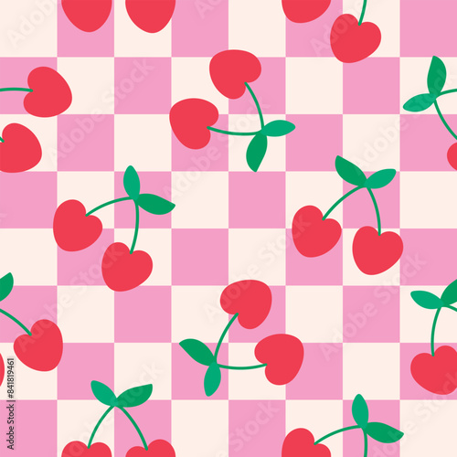 Cherry Seamless Pattern Checkered Cherries Background Pink Checkered Cherry Background
