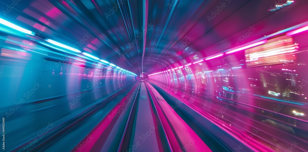 Fototapeta premium Embark on a vibrant highspeed journey through a futuristic tunnel, illuminated by neon lights and dynamic motion blur effects. Ideal for themes such as technology, scifi, and innovation