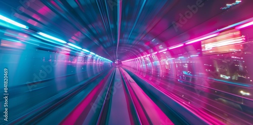 Embark on a vibrant highspeed journey through a futuristic tunnel, illuminated by neon lights and dynamic motion blur effects. Ideal for themes such as technology, scifi, and innovation