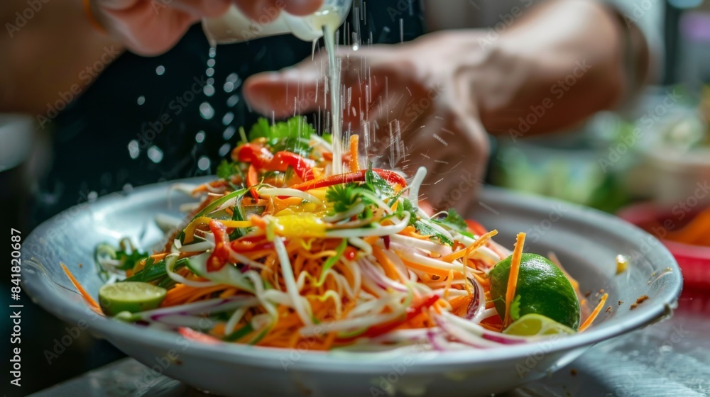 A person adding a squeeze of lime juice to som tam salad, balancing the flavors with a hint of acidity. A person adding a squeeze of lime juice to som tam salad, balancing the flavors with a hint of acidity.