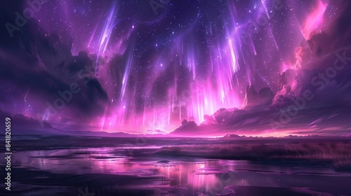Purple aurora borealis over a calm lake