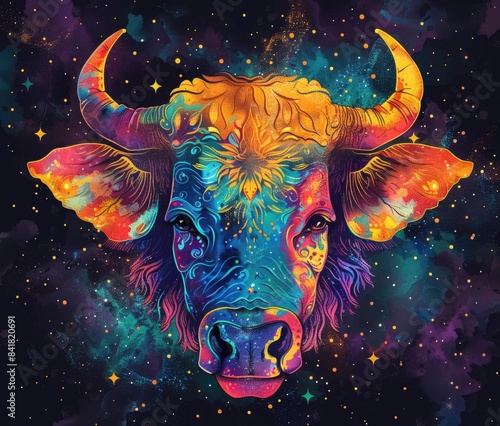 Ornate bull against a starry sky